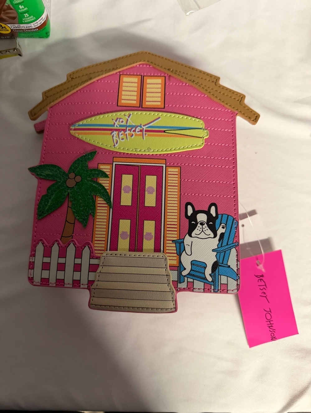 Betsey Johnson Pink House Shaped crossbody purse with Dog and Palm Tree Design